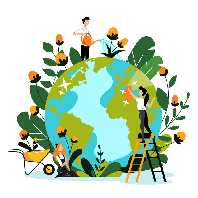 Environment, ecology, nature protection concept. People take care of Earth planet. Vector flat cartoon illustration.
